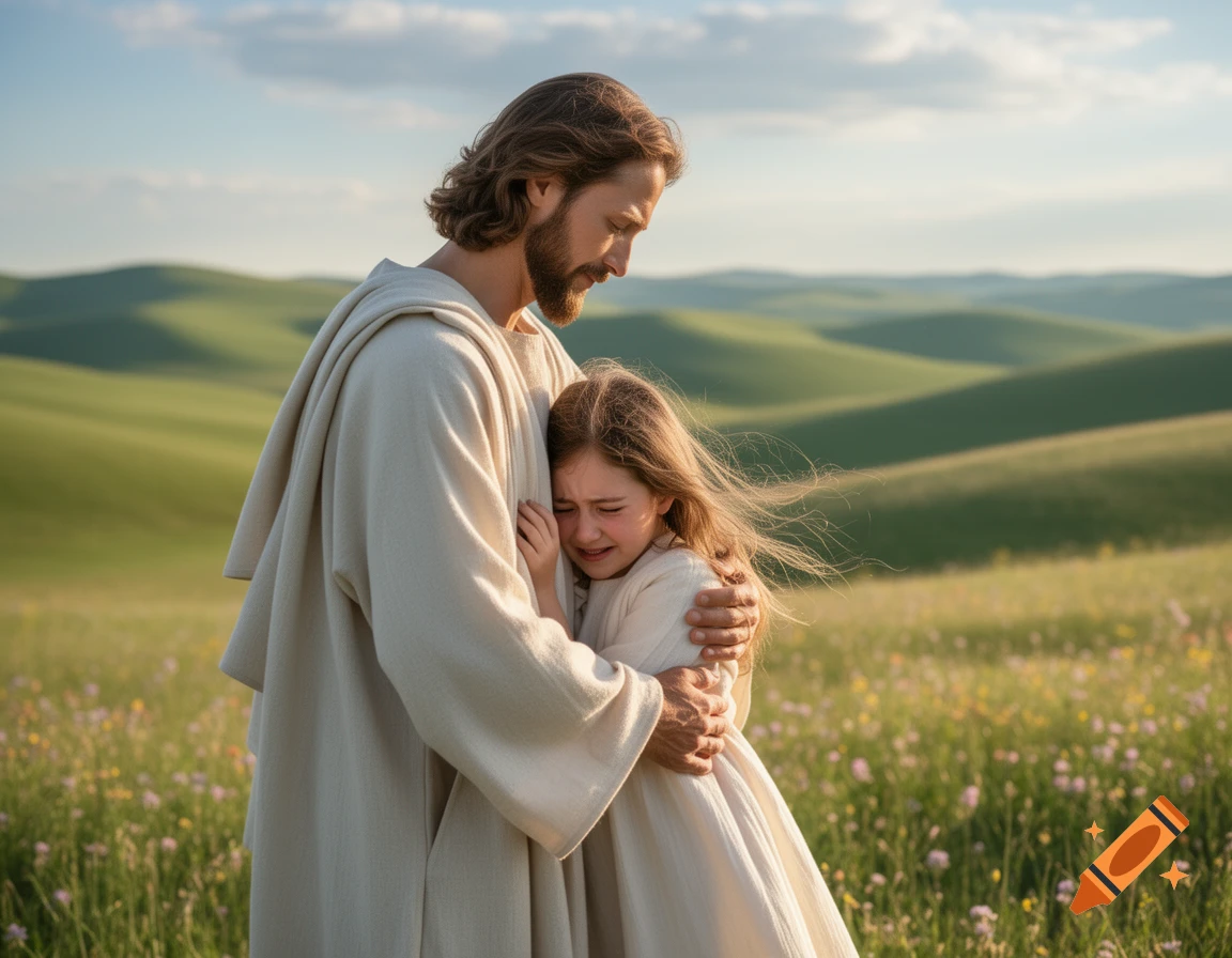 Jesus comforts a crying girl in a field with rolling green hills and wildflowers.