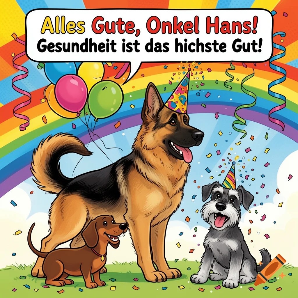 A cartoon German Shepherd, dachshund, and miniature schnauzer in party hats under a rainbow, with balloons, confetti, and a German birthday greeting in a speech bubble.