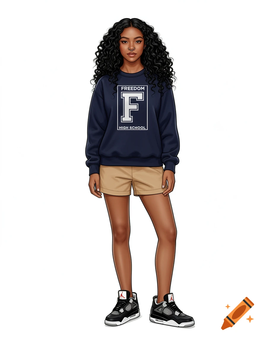 Fashion illustration of a young woman with curly hair, nose piercing, navy sweatshirt, tan shorts, and black Jordan sneakers.