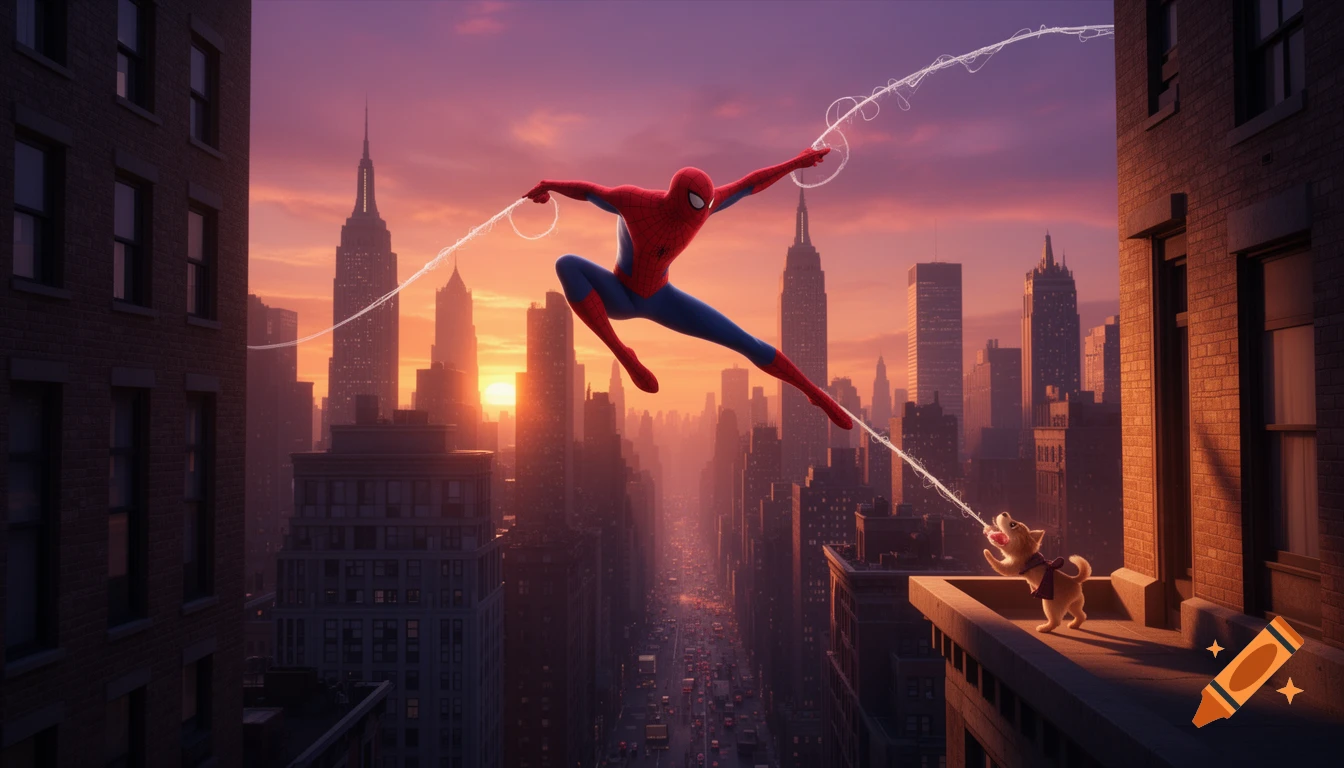 Spider-Man swings over a vibrant New York City at sunset, a small dog barks from a rooftop, in a cinematic 3D animated style.