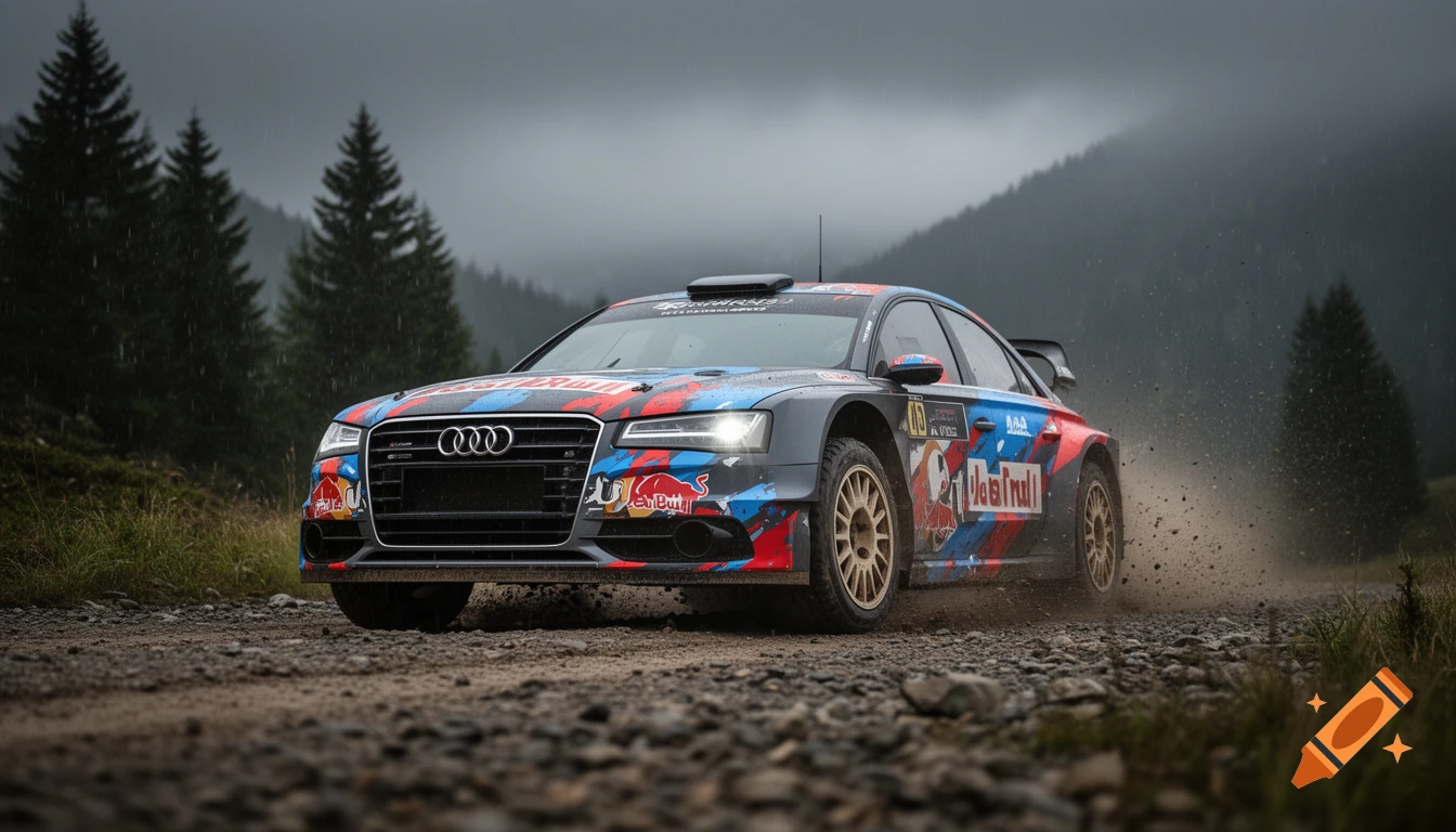 A dark gray Audi A8 D4 rally car with a red and blue livery drives on a gravel road in a misty forest.