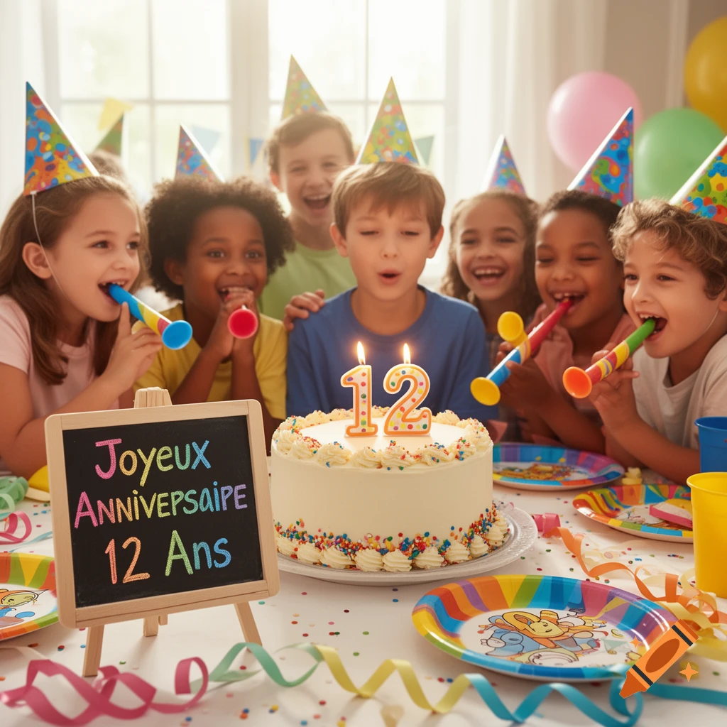 Children in party hats celebrate a birthday around a cake with '12' candles; a blackboard sign says 'Joyeux ANNIVERSAIPE 12 Ans'.