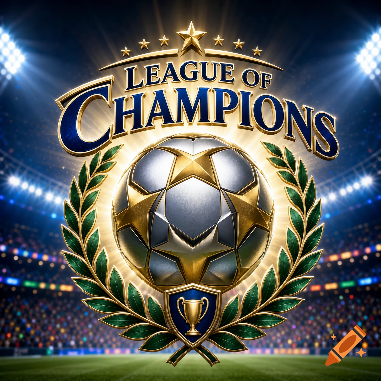A detailed gold and silver 'League of Champions' logo with a football at its center, set against a vibrant, lit football stadium.