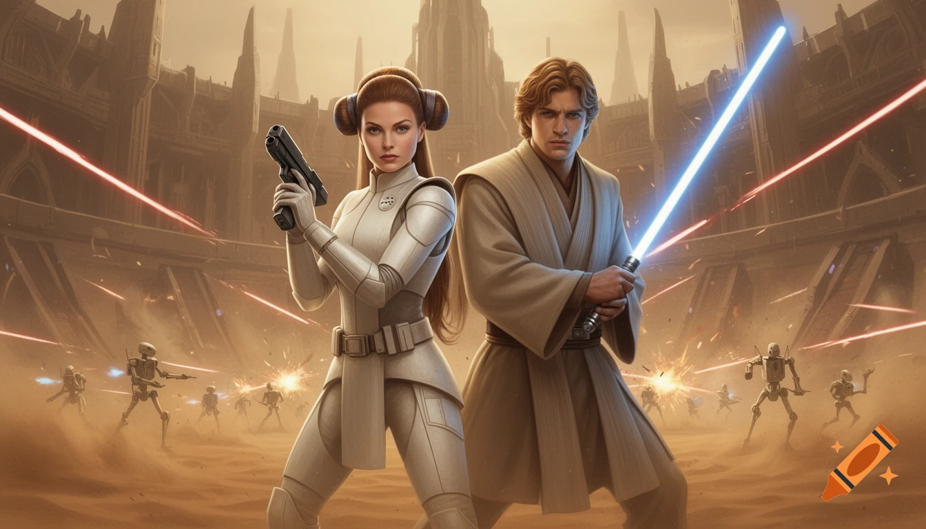 A woman with a blaster and a man with a lightsaber stand in a desert battle against droids, with laser fire and alien architecture.