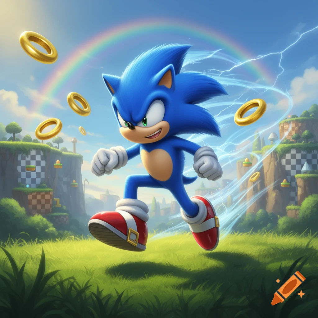 Sonic the Hedgehog running through a vibrant Green Hill Zone, surrounded by golden rings, a rainbow, and speed lightning effects.