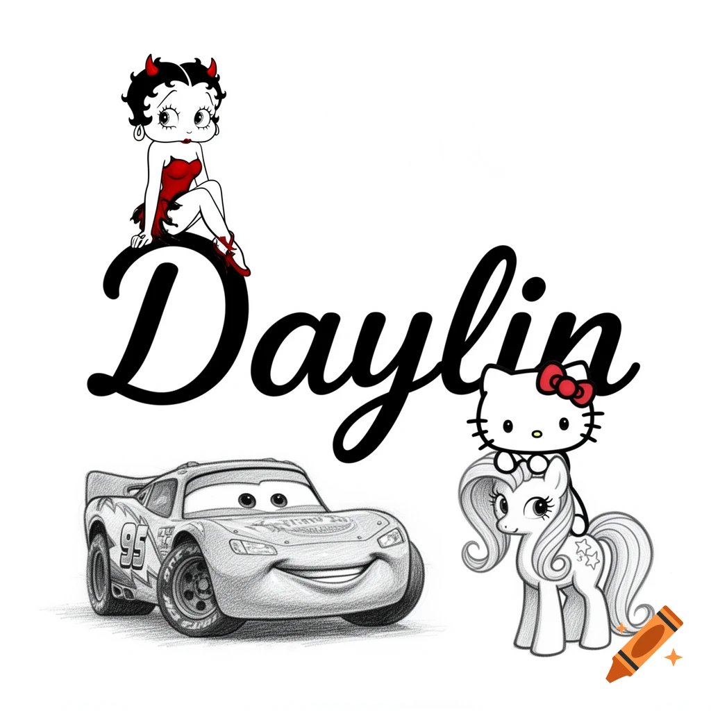 A drawing with the name Daylin in large cursive text, Betty Boop in a devil outfit on the 'D', a sketch of Lightning McQueen, and Hello Kitty riding Fluttershy.
