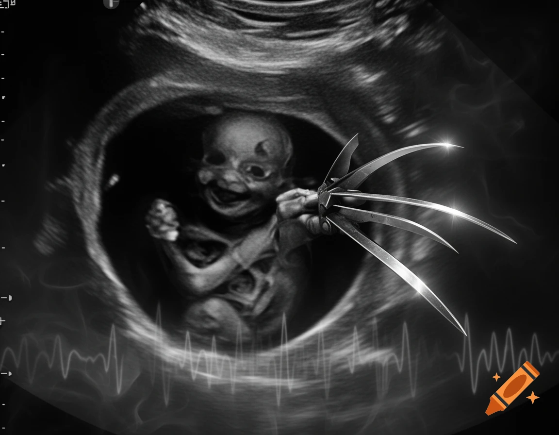 Black and white ultrasound of a demonic, smiling fetus with horns and sharp metal claws.