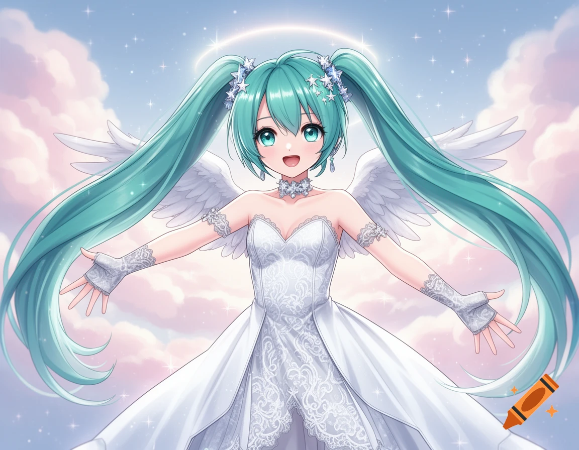 Anime angelic Hatsune Miku in a white wedding dress with teal pigtails, halo, and wings, smiling with outstretched arms against a sparkling sky.