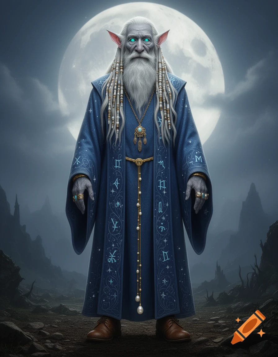 An ancient, white-bearded elf-like wizard with glowing turquoise eyes stands under a full moon, wearing an ornate blue robe with celestial symbols.