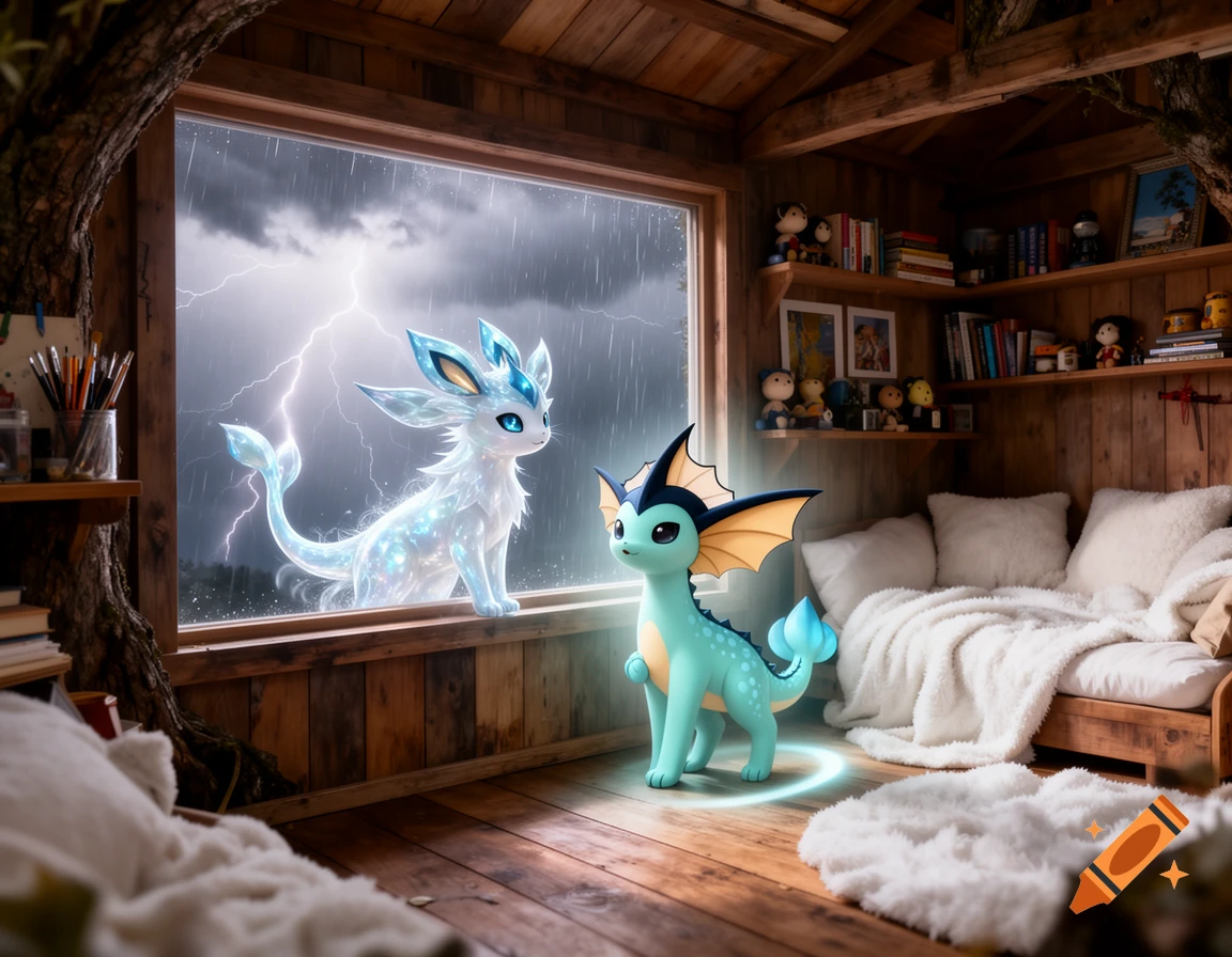 A Glaceon looks out a window at a lightning storm while a Vaporeon stands in a cozy wooden treehouse room. Digital art.