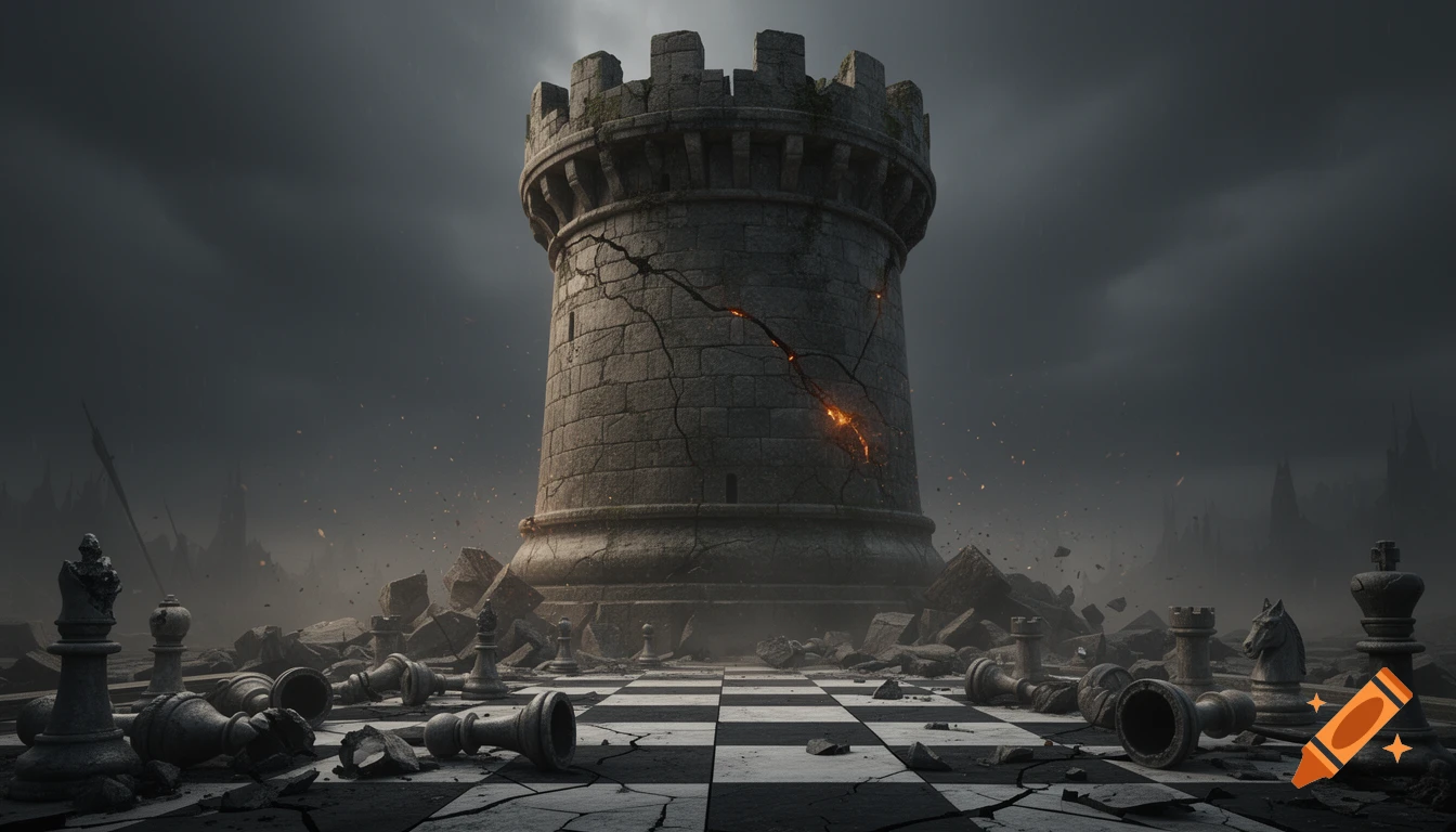 A massive, ancient, broken stone chess rook stands on a shattered chessboard, surrounded by smaller, fallen chess pieces under a dark, ominous sky in a grim fantasy style.