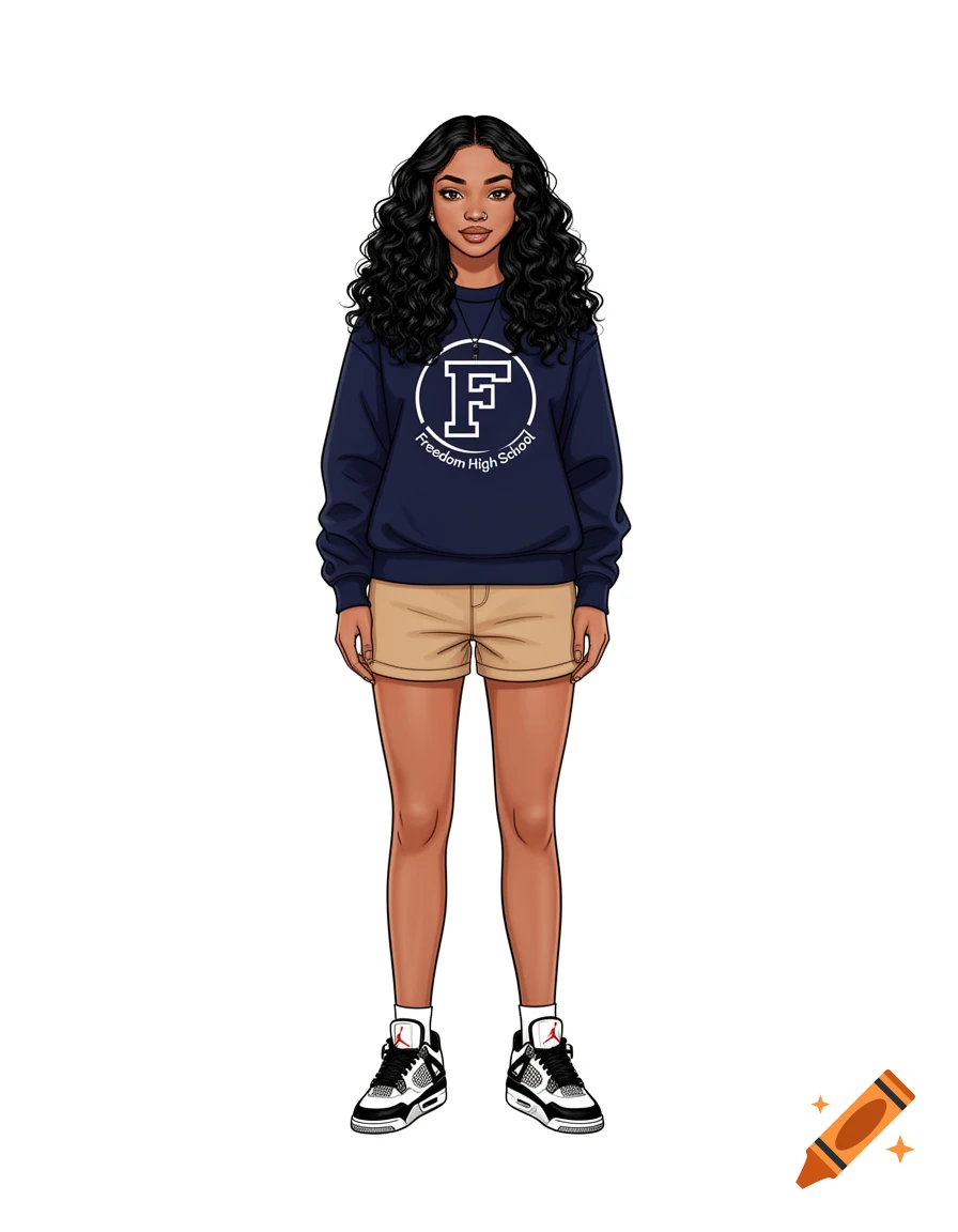A full-body fashion illustration of a female student with curly black hair, wearing a navy sweatshirt, tan shorts, and black and white Jordan 4s.
