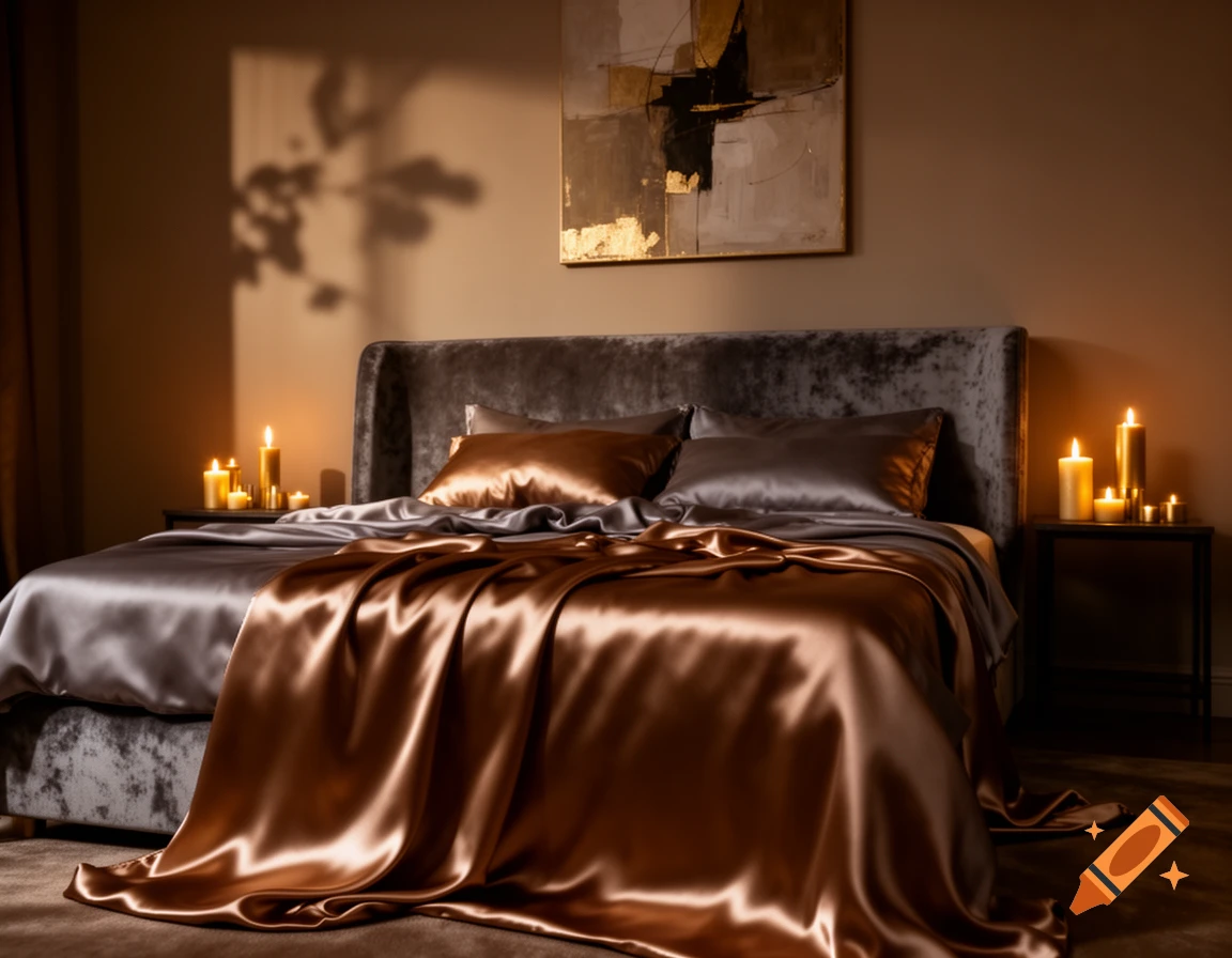 A luxurious bedroom with a gray velvet headboard, bed dressed in rich bronze and silver satin sheets, and multiple lit candles on bedside tables, creating a warm ambiance.