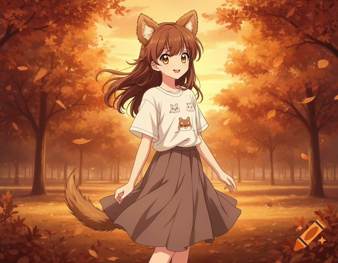 An anime girl with brown hair, dog ears, and a tail, wearing a white t-shirt and brown skirt, smiles in an autumn park.