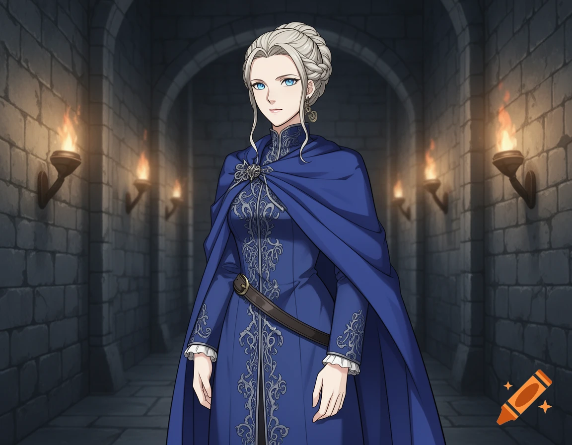 An anime woman with blonde hair and blue eyes stands in a stone castle hallway, wearing a blue medieval-style dress and cape.