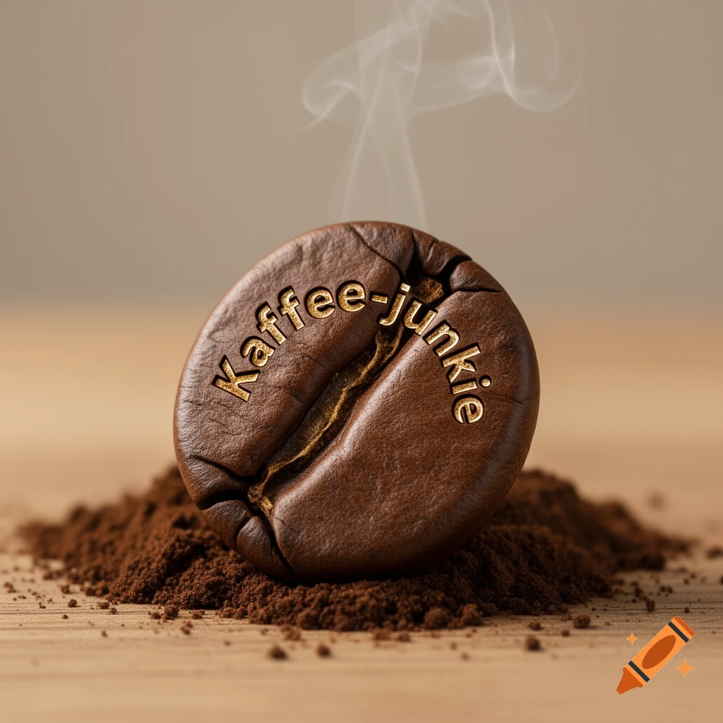 Photorealistic close-up of a coffee bean with 'Kaffee-junkie' text, on ground coffee with rising steam.