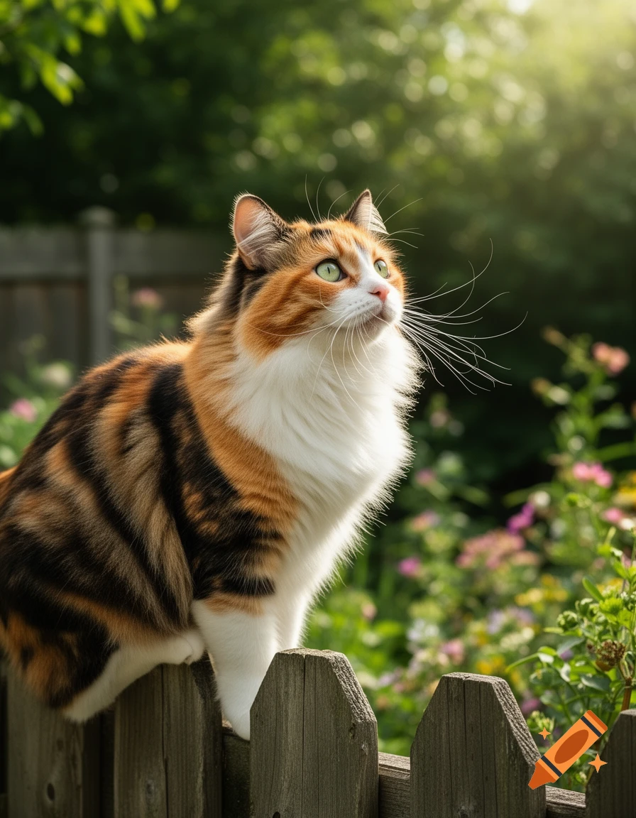 A fluffy calico cat with green eyes sits on a wooden fence, looking up into a blurred green garden bathed in sunlight.