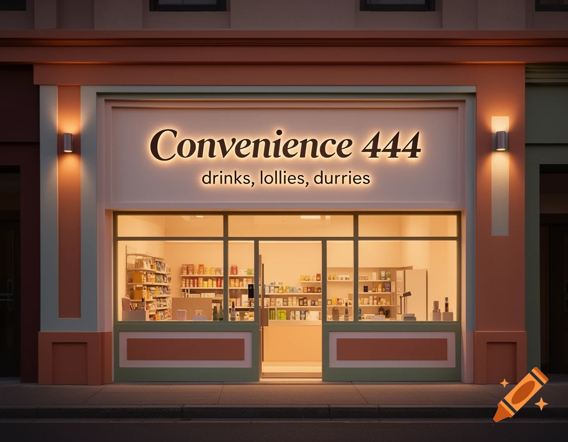 Night view of a brightly lit convenience store facade with 'Convenience 444' sign and 'drinks, lollies, durries' below it.