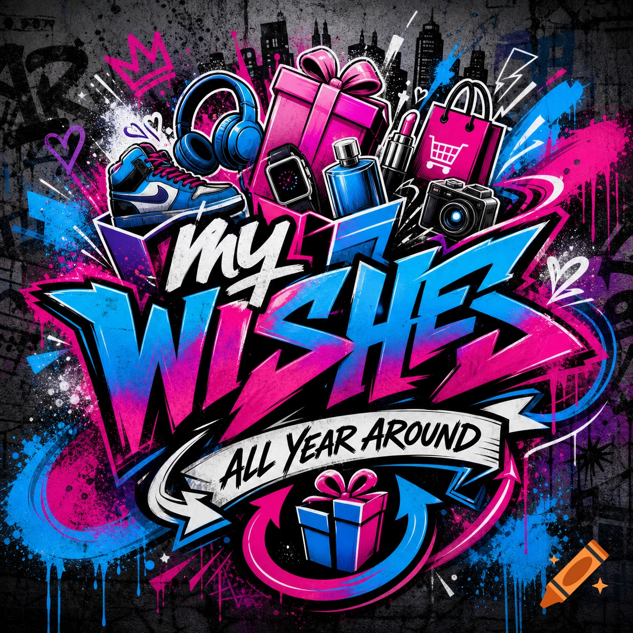 Vibrant street art logo 'my WISHES ALL YEAR AROUND' with gifts and products like sneakers, headphones, and a camera on a graffiti background.