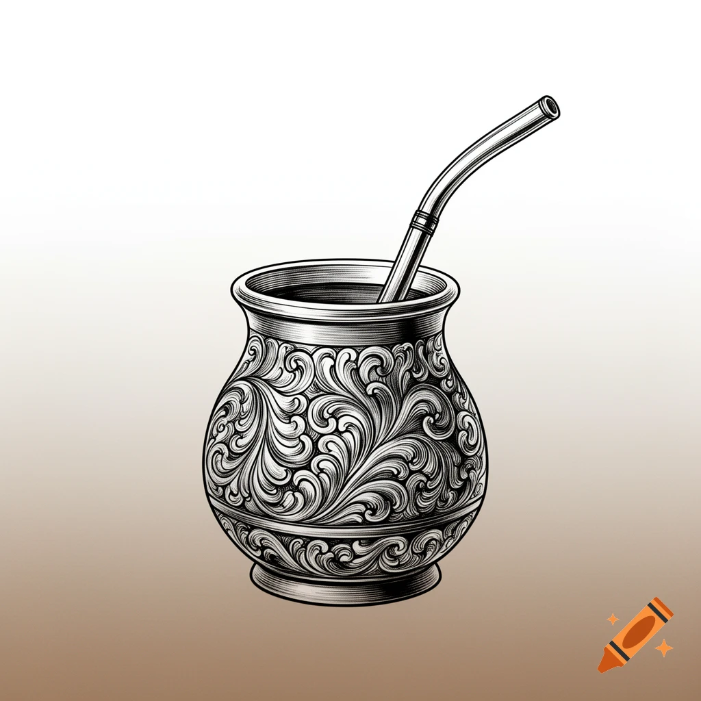 Black and white engraved illustration of a decorative Yerba Mate gourd with a bombilla straw on a gradient background.