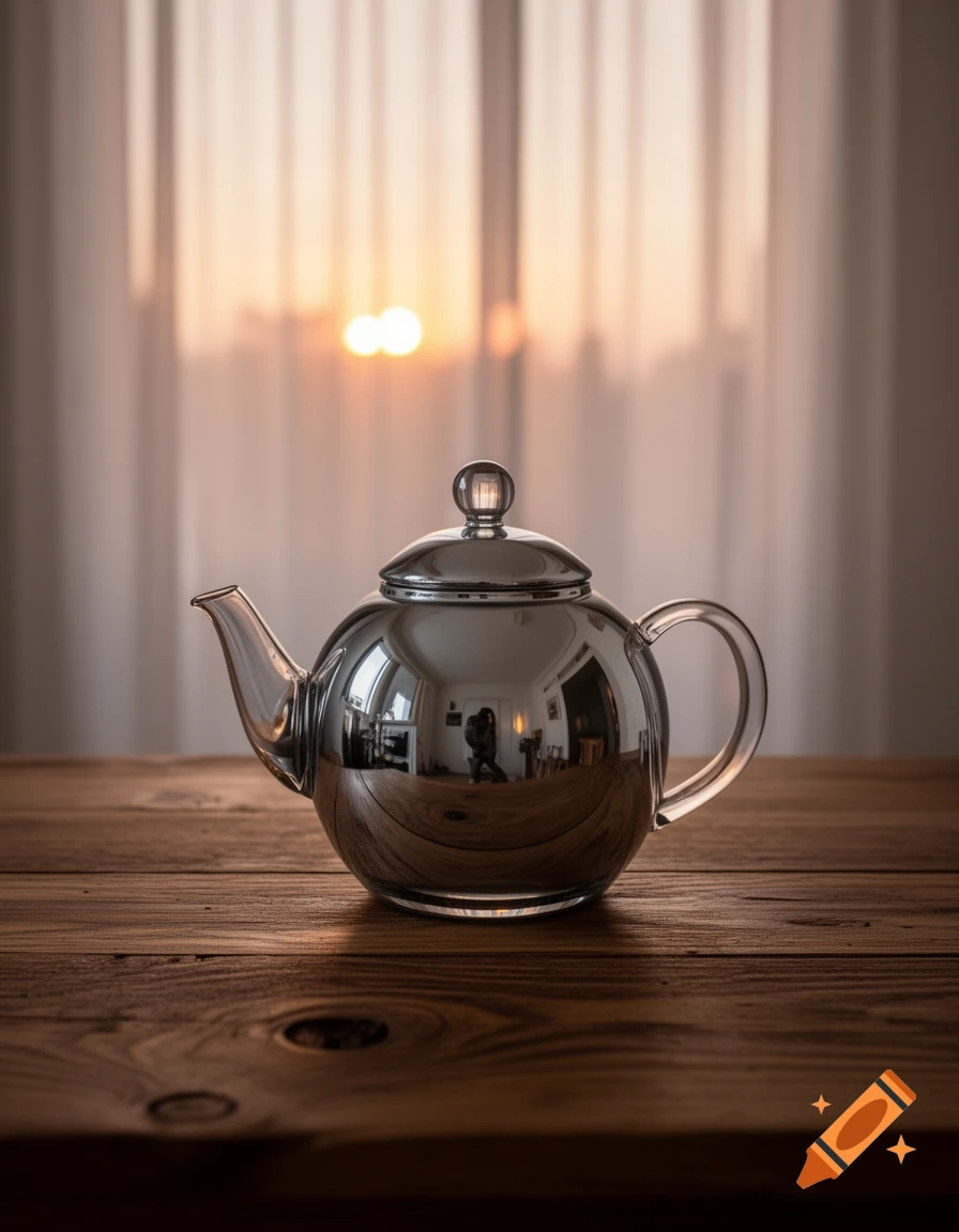 A shiny, reflective teapot with a glass handle sits on a rustic wooden table, illuminated by warm sunlight filtering through sheer curtains.