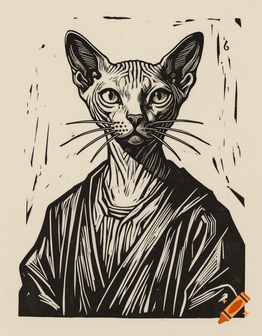 A stylized linocut portrait of a hairless cat wearing scholarly robes, featuring bold lines and an organic, textured background.