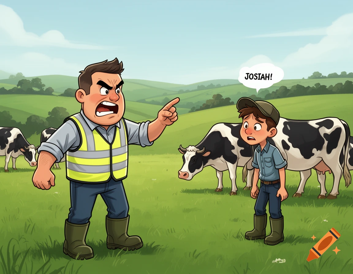 An angry farmer in a high-vis vest yells at a nervous young farm worker, Josiah, in a green pasture with dairy cows.