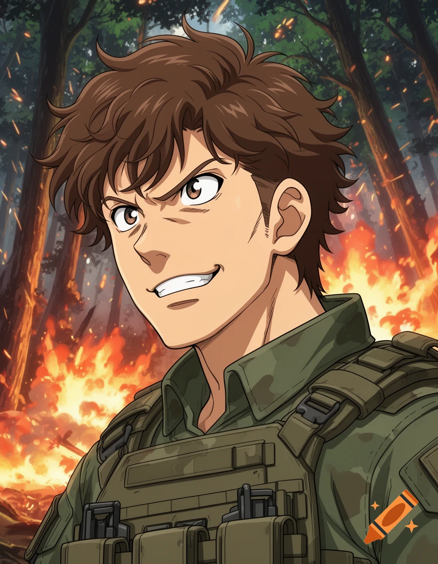 Close-up anime portrait of a confident brown-haired soldier in tactical gear smirking, with a burning forest background.