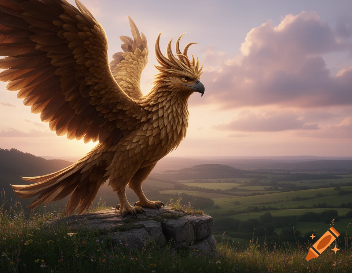 A majestic golden phoenix-like creature with large wings stands on a rocky cliff overlooking a vast green valley at sunset.