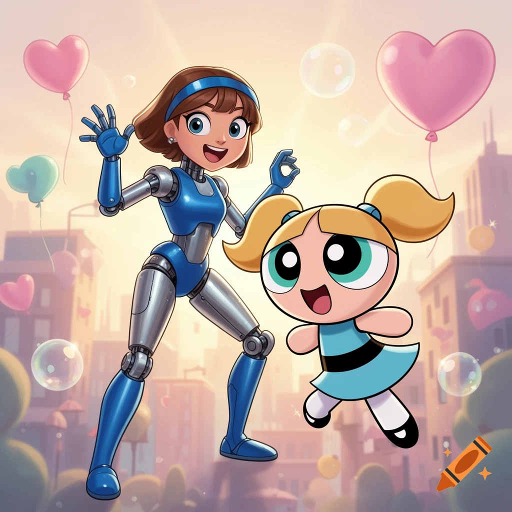 An animated robot girl and Bubbles from Powerpuff Girls smile and wave in a cityscape with balloons and bubbles.