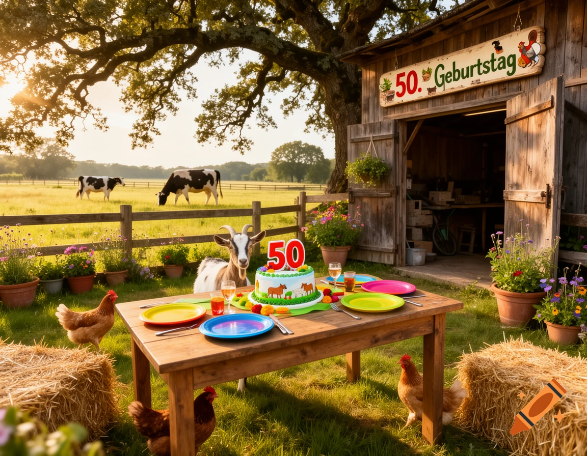 A sunny farm scene with a "50. Geburtstag" sign on a barn, a set table with a cake, a goat, chickens, and cows in the field.