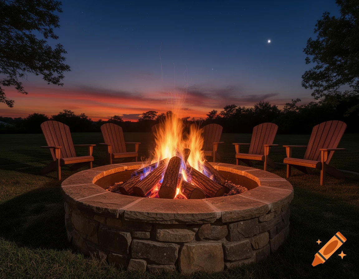 A stone fire pit with burning logs, surrounded by four wooden Adirondack chairs in a grassy backyard at sunset.