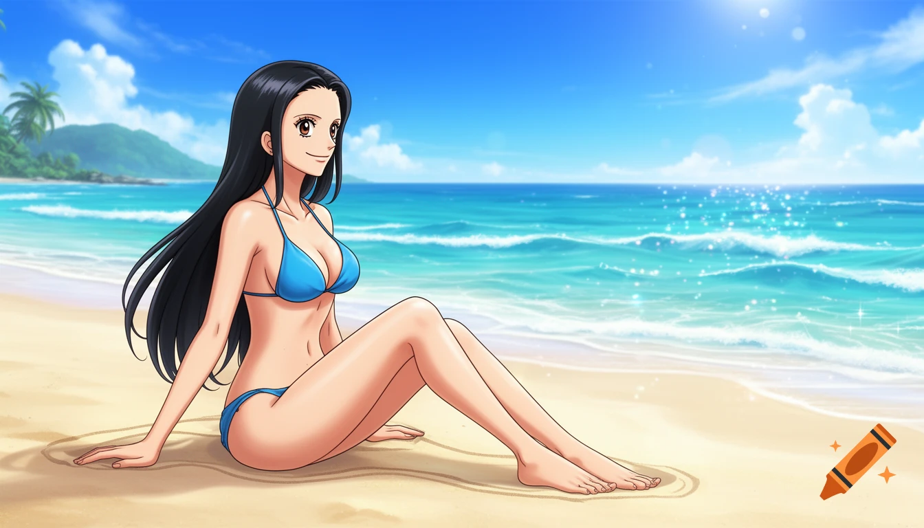 Anime style illustration of Nico Robin from One Piece in a blue bikini, sitting on a sandy beach next to the ocean under a blue sky.