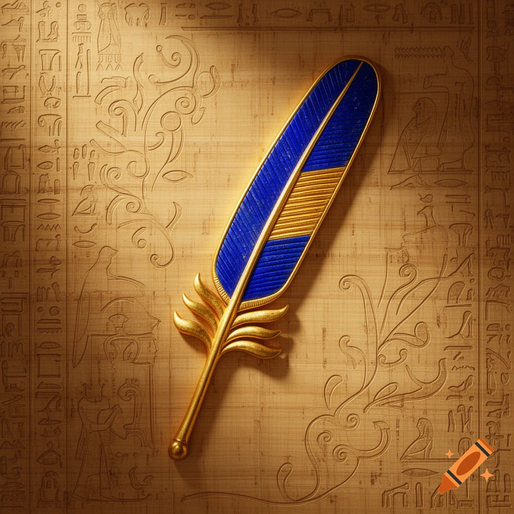 A stylized golden feather with a blue and gold vane, resting diagonally on a textured papyrus background with faint Egyptian hieroglyphs.