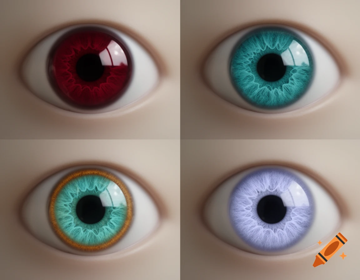 A grid of four realistic close-up human eyes with different colored irises: deep red, teal, teal with an amber ring, and light purple.