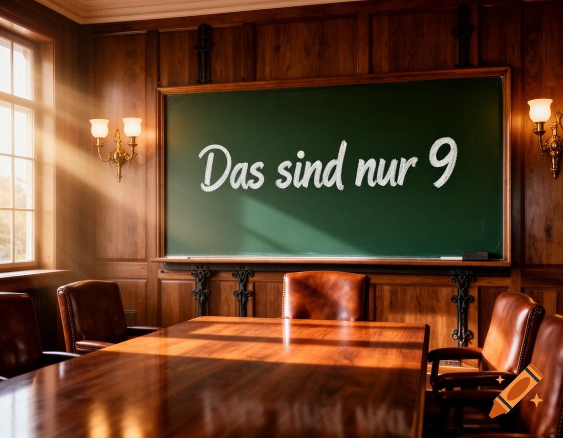 A stately, sunlit meeting room with wood paneling and leather chairs, featuring a large green blackboard with 'Das sind nur 9' written in chalk.
