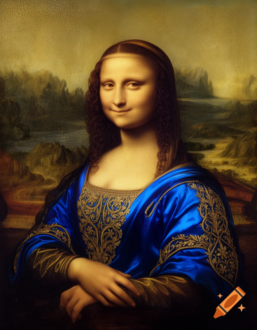 A digital painting of the Mona Lisa wearing a vibrant blue dress with golden embroidery, smiling softly against a dark, hazy landscape background.