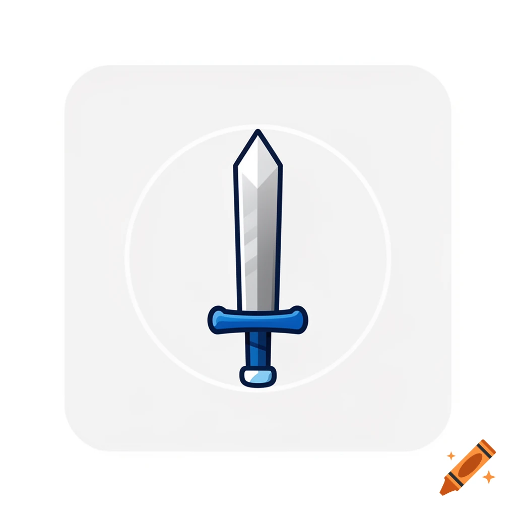 A cartoonish sword icon with a silver blade and blue hilt, centered within a white circle on a light grey rounded square background.