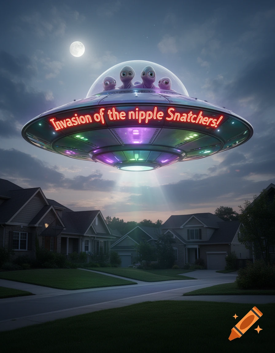 A glowing UFO with four aliens inside hovers over a suburban neighborhood at dusk, with the text "Invasion of the nipple Snatchers!" written on its side in neon letters.
