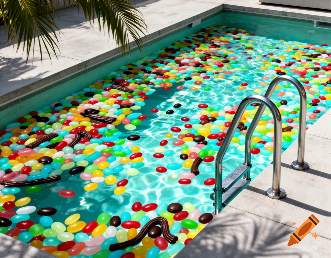 A photorealistic image of a swimming pool filled with countless colorful jelly beans and chocolate candies, with pool ladders.