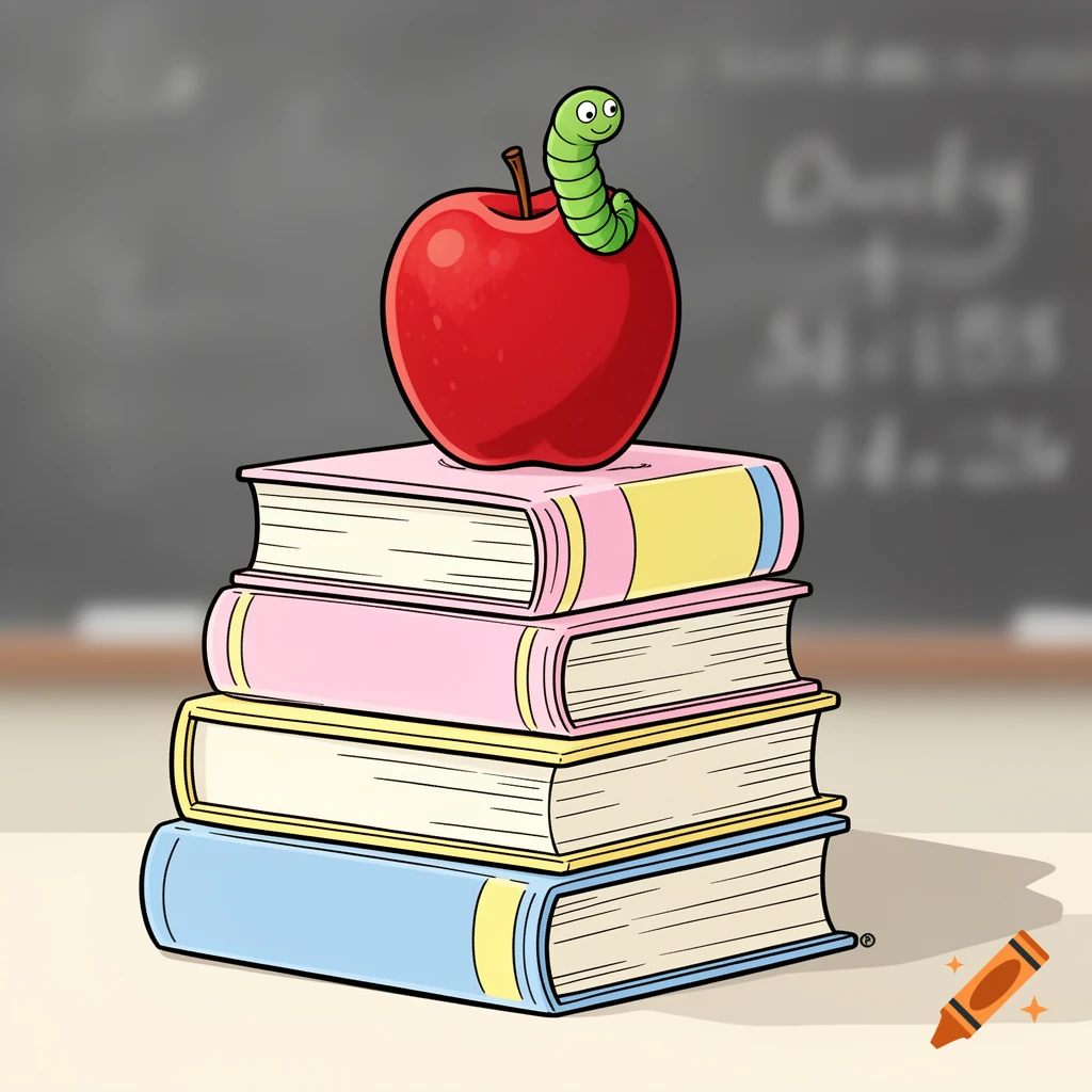 A cartoon illustration of a stack of pastel-colored books with a red apple on top, from which a green worm emerges, against a blurred chalkboard background.