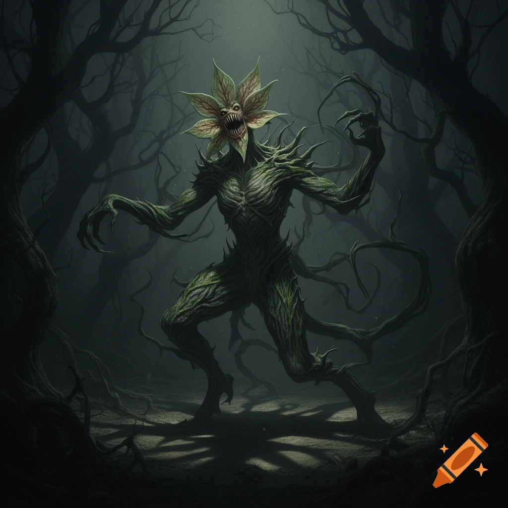 A plant-like monster with a flower head and sharp teeth, running through a dark, gnarled forest.