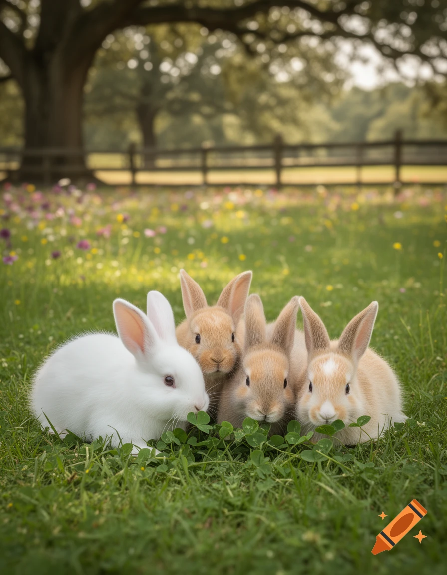 Four photorealistic bunnies, one white and three tan, sit in a green field with wildflowers and clover, a tree and fence in the blurred background.
