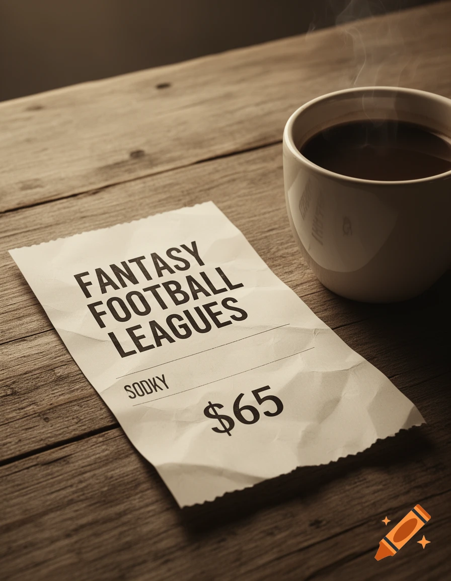 A close-up shot of a crumpled white receipt for "FANTASY FOOTBALL LEAGUES" with a "$65" total and "SODKY" text, next to a steaming white coffee cup on a rustic wooden table.
