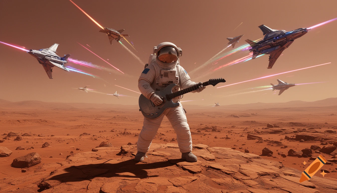 An astronaut plays electric guitar on Mars as spaceships fire laser beams in a reddish sky. Photorealistic style.