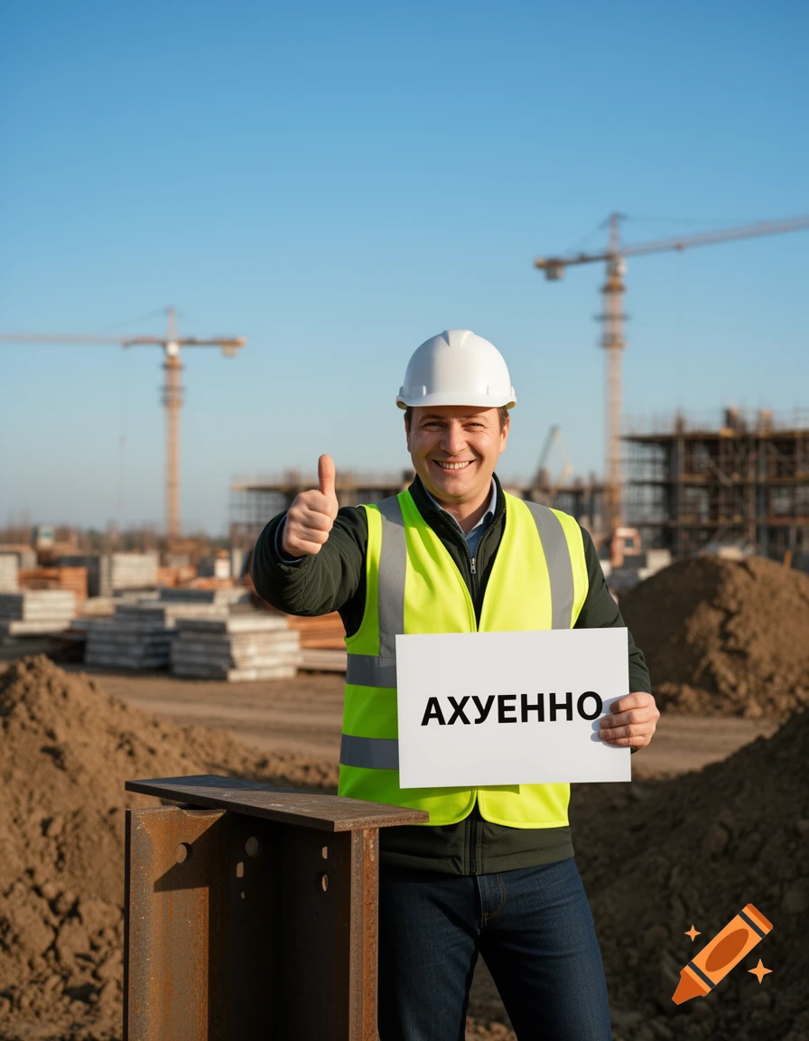 A smiling construction foreman in a hard hat and safety vest gives a thumbs-up while holding a sign with the word "АХУЕННО" (AHUENNO) in front of a construction site with cranes.