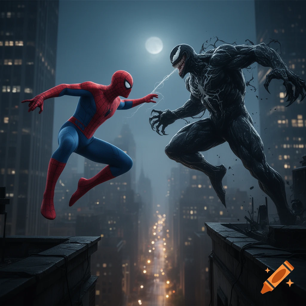 Spider-Man and Venom clash on a city rooftop at night under a full moon, with city lights stretching into the background.