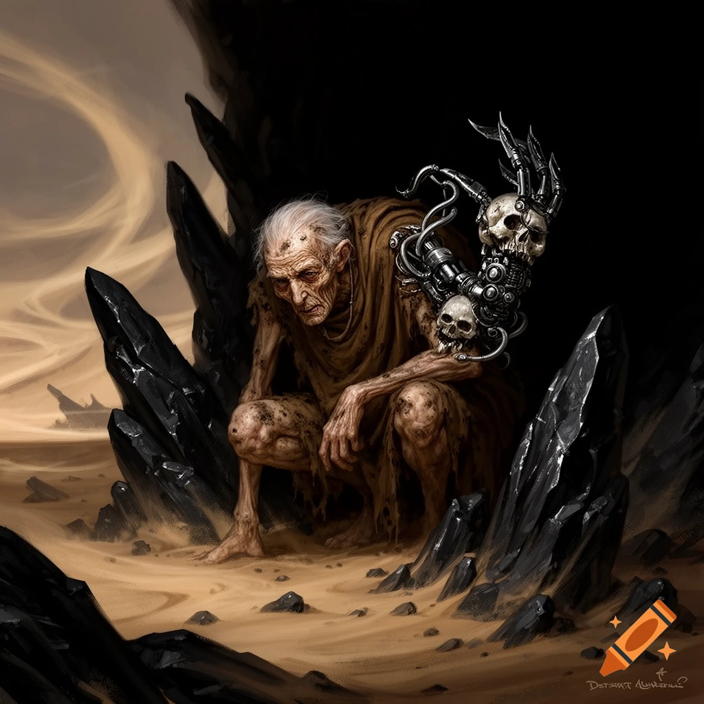 An old, emaciated druid with a cybernetic arm adorned with skulls crouches among black rocks in a dark, sandy desert landscape.