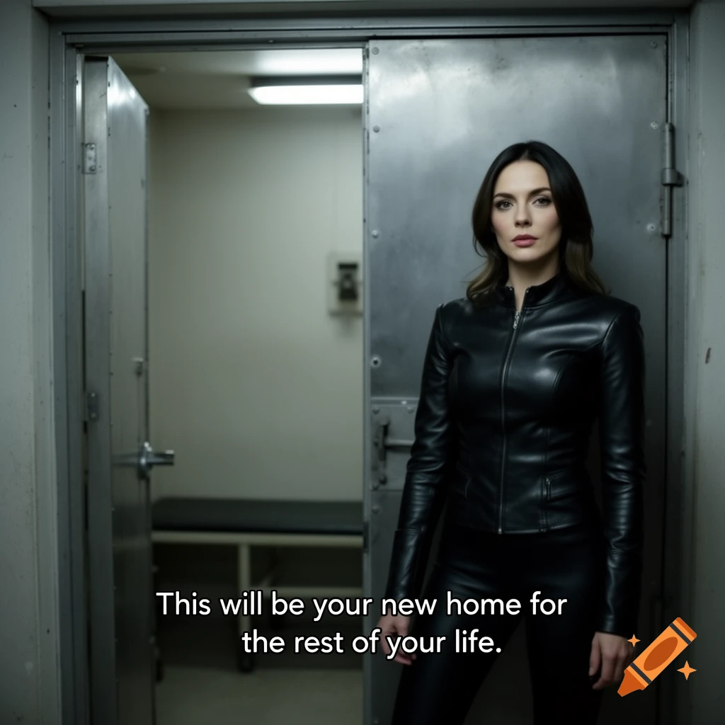A woman in a black leather jacket and pants stands by an open prison cell door. Text: "This will be your new home for the rest of your life."