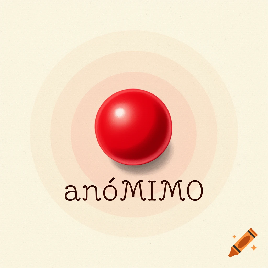 A shiny red clown nose sits on a light beige background with subtle concentric circles. The text "anóMIMO" is below it.